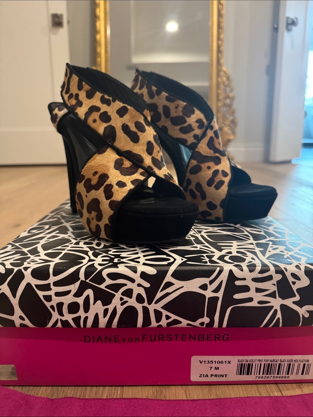 Diane von Furstenberg Zia Leopard Print Platform Sandals - Black & Tan